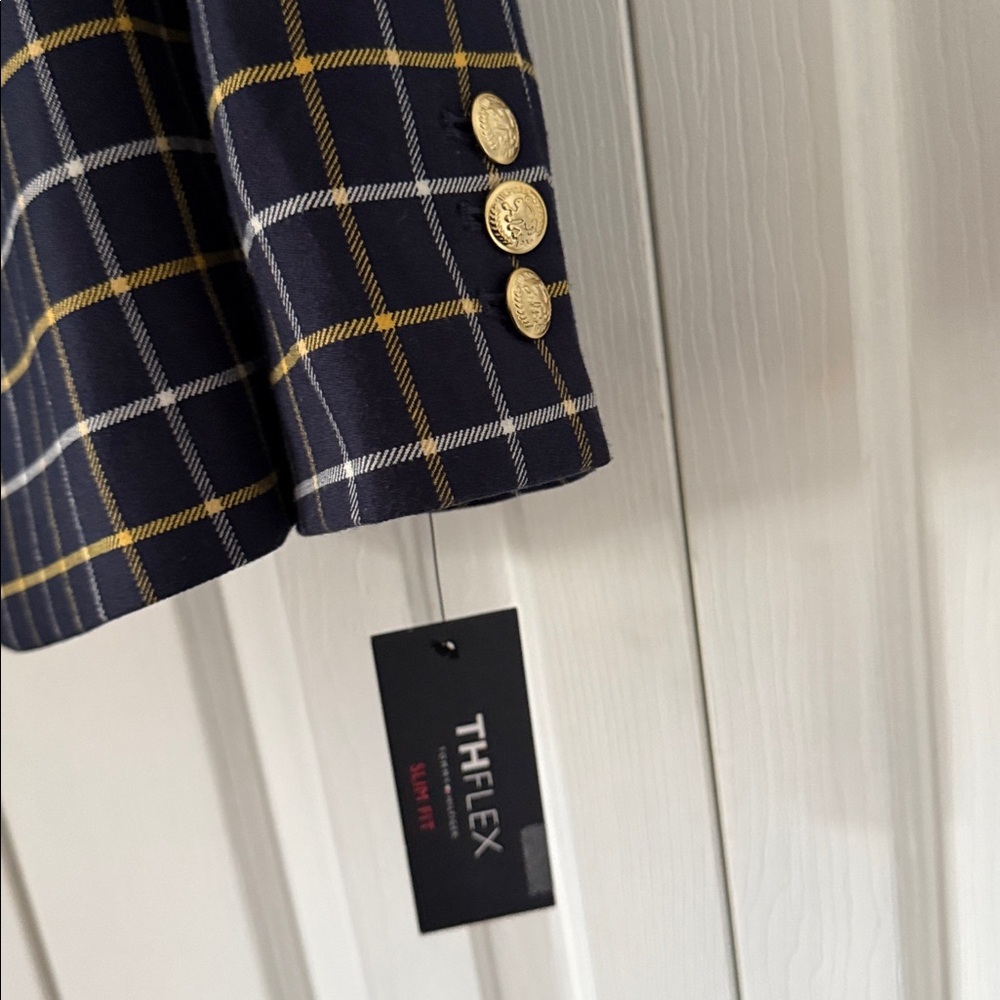 Tommy Hilfiger THFlex Slim Fit Plaid Blazer – Navy/Yellow Windowpane –16 - Picture 7 of 8
